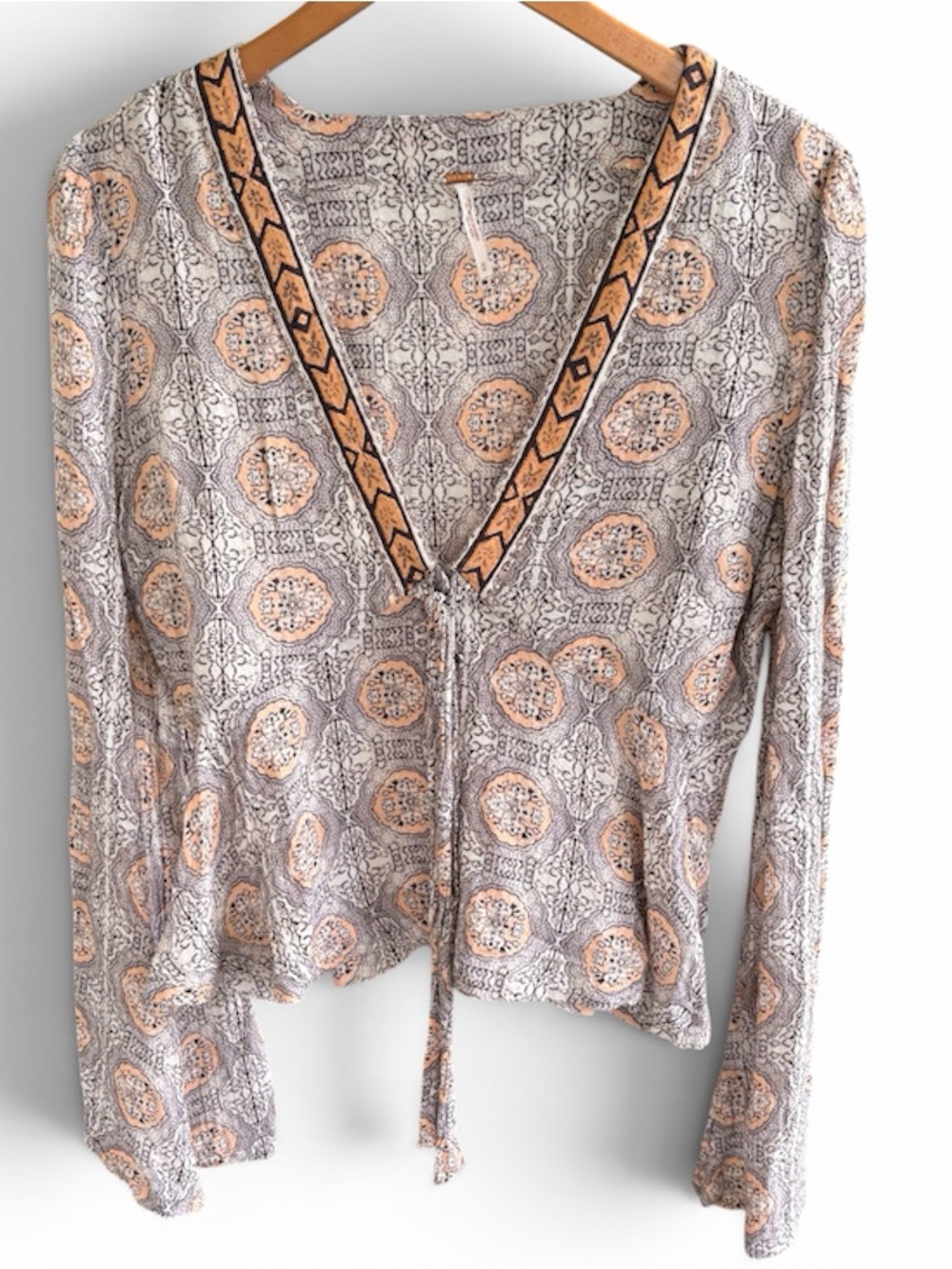 Free People 70s inspired bold print flare long sleeve V neck top Medium Festival